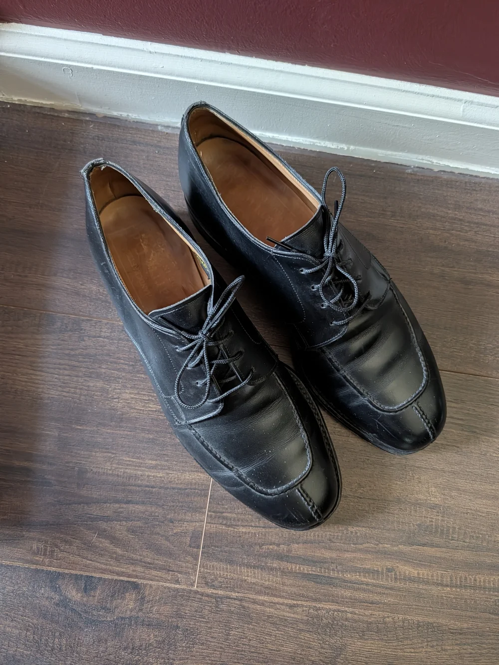BARRIE LTD. Black Leather Bench Made In England Norwegian Split Toe Derby Shoes